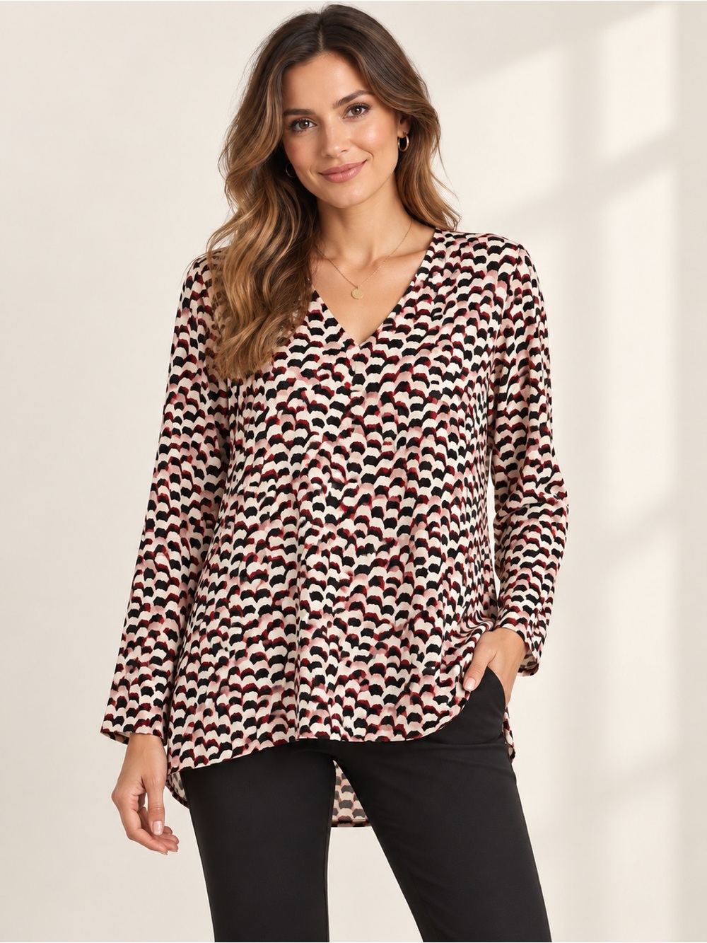 Liz Claiborne Career Women’s XL Geometric Print V-Neck High Low Tunic Blouse